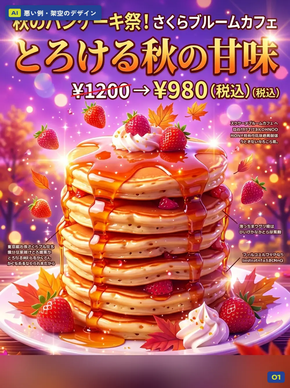 AIで作った悪い例(架空):チラシ・カフェの秋限定メニュー