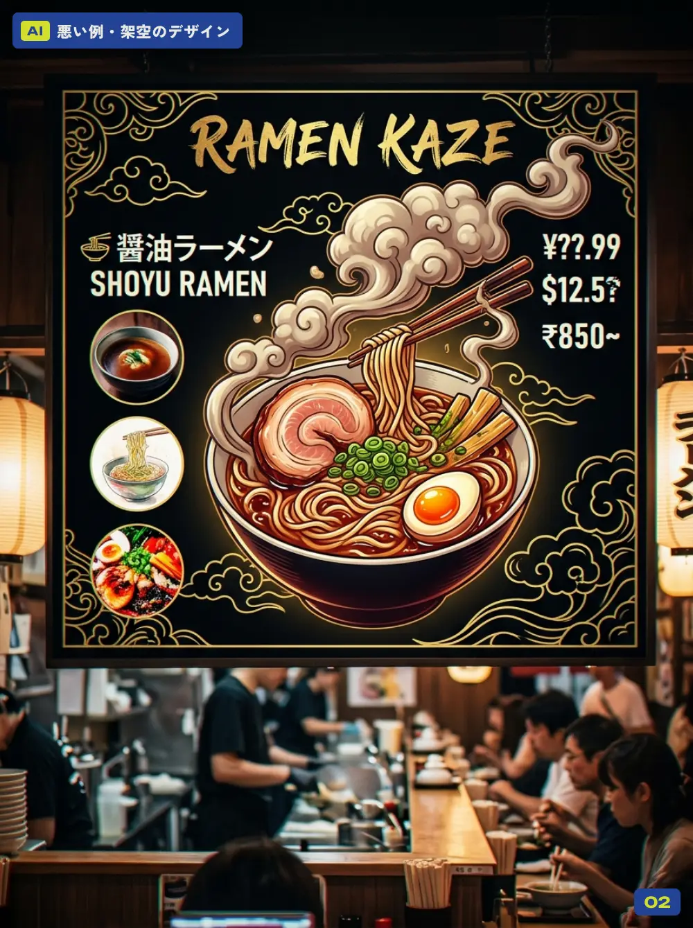 AIで作った悪い例(架空):メニュー・ラーメン屋のメニュー看板