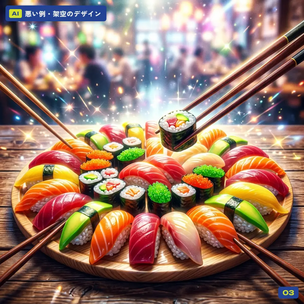 AIで作った悪い例(架空):料理写真・お寿司の盛り合わせ