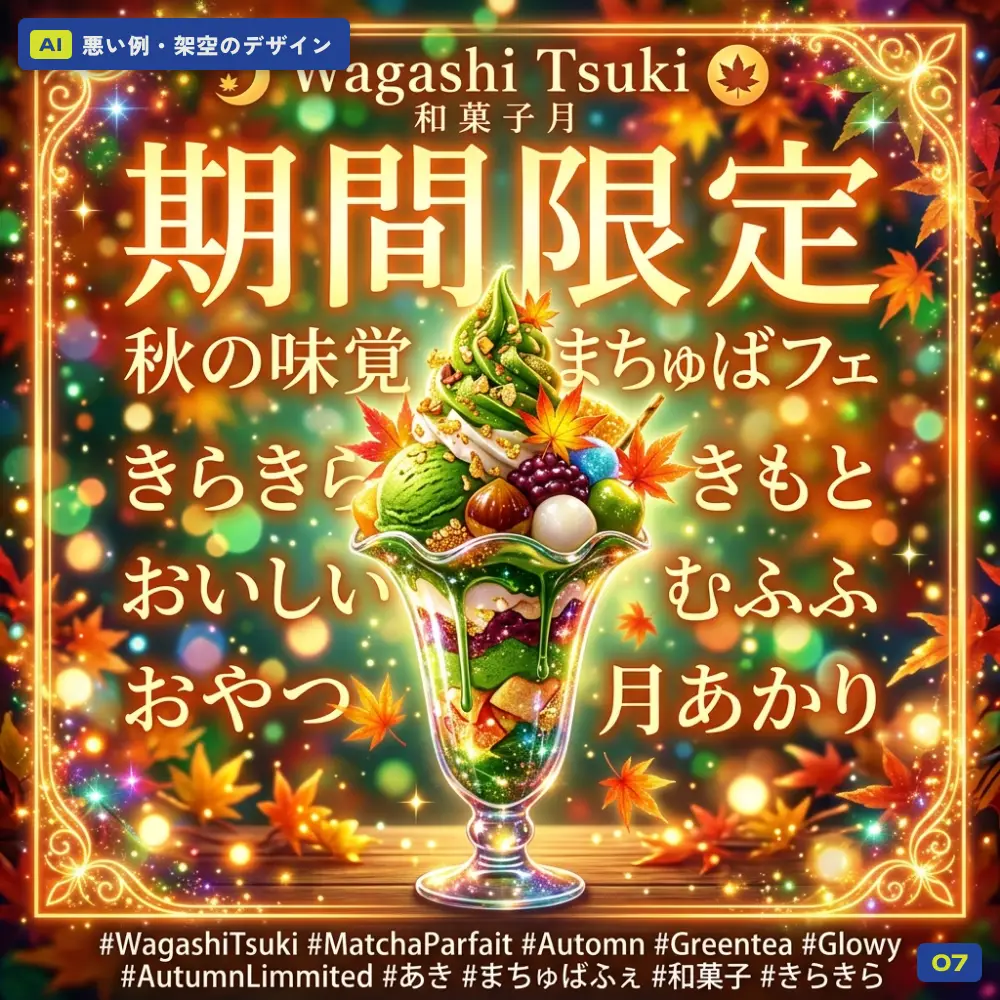AIで作った悪い例(架空):SNS投稿・和菓子屋の期間限定告知