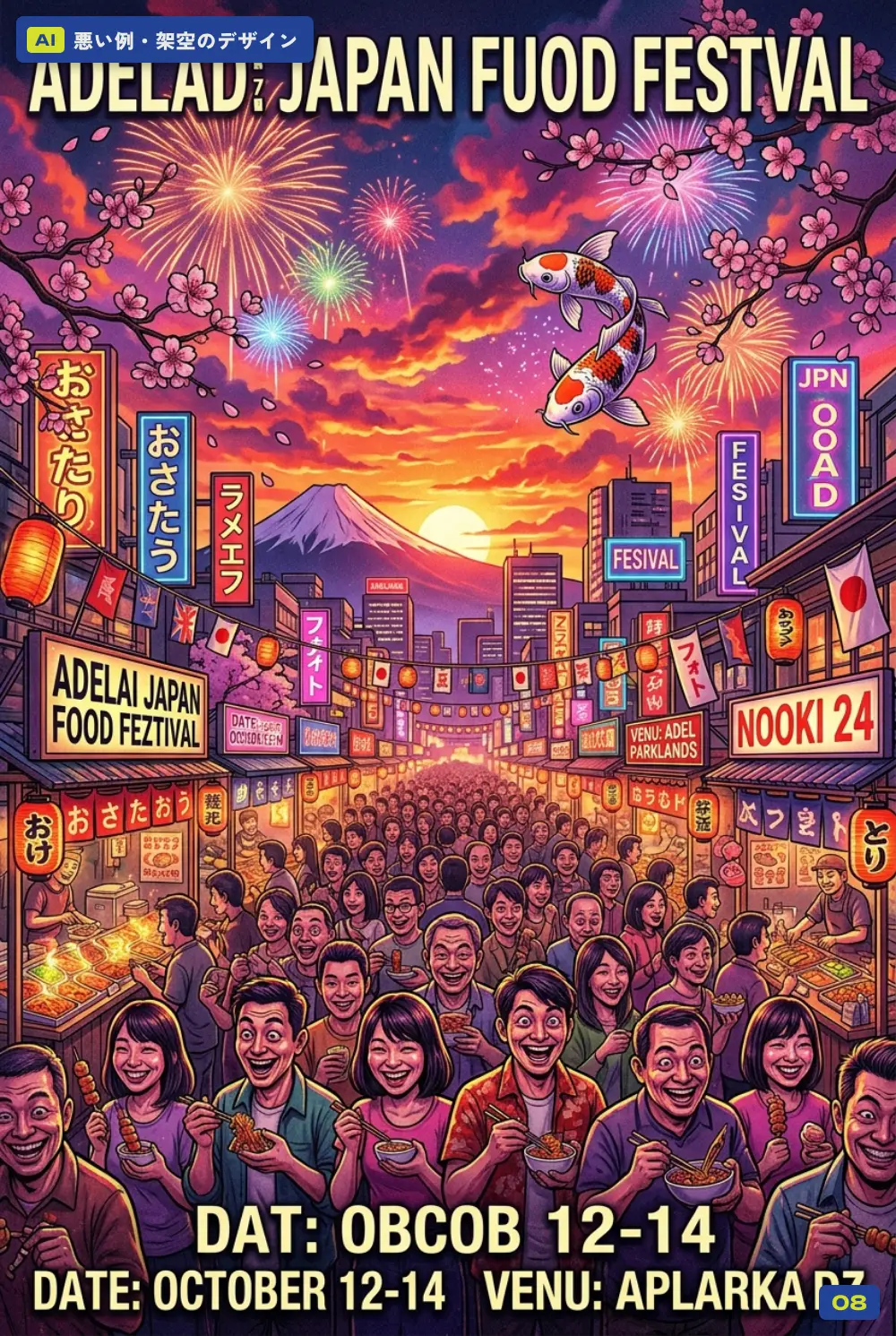AIで作った悪い例(架空):イベントポスター・日本食フェスティバル