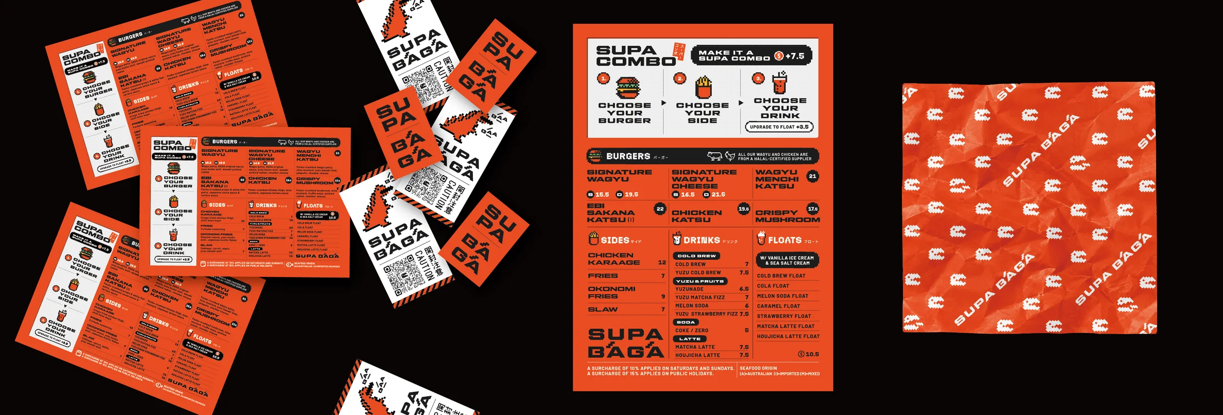 SUPA BĀGĀ menu, stickers and wrapping paper